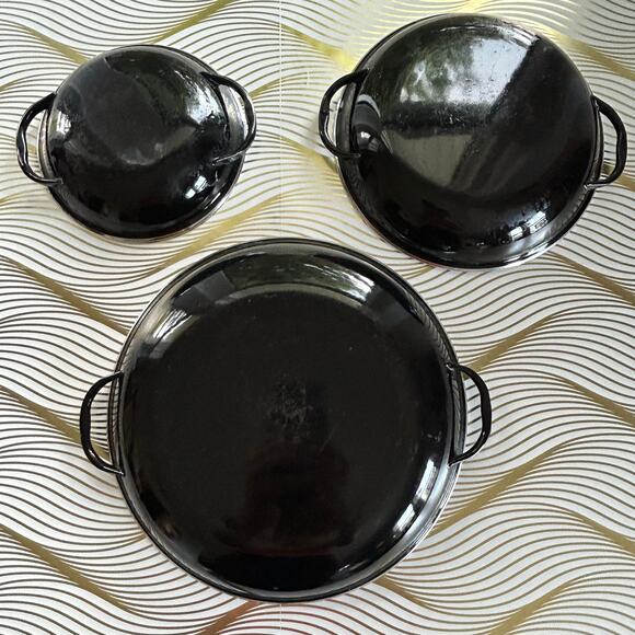Vintage Mid Century Modern Emo Celje Double Handled Enamel Sauté Pans Set of 3 - Picture 6 of 16